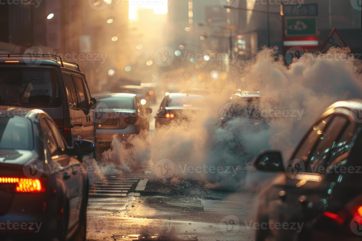 AI generated Transportation travel traffic jams on roads with air pollution, smoke from car exhaust pipes. photo