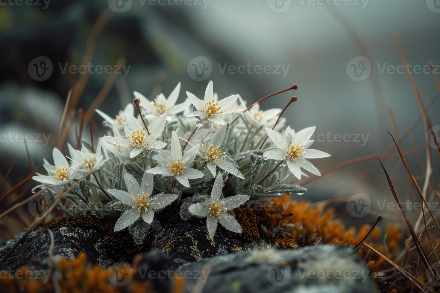 AI generated Edelweiss flowers growing outdoors. Very rare edelweiss mountain flower. photo