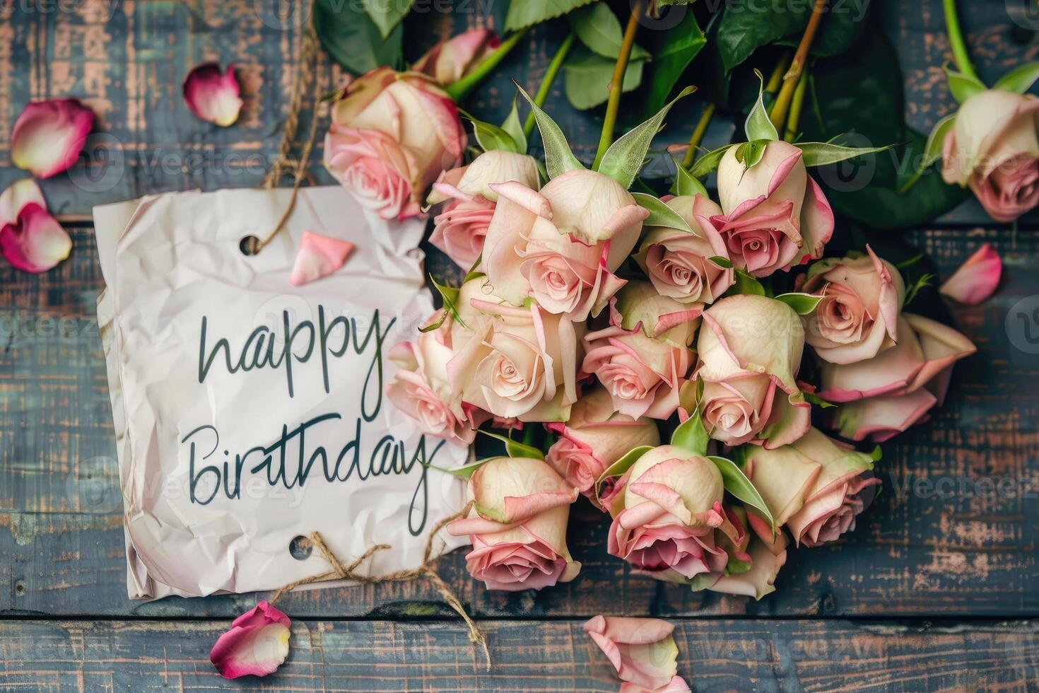 AI generated Happy happy birthday with pink roses over rustic wood background photo