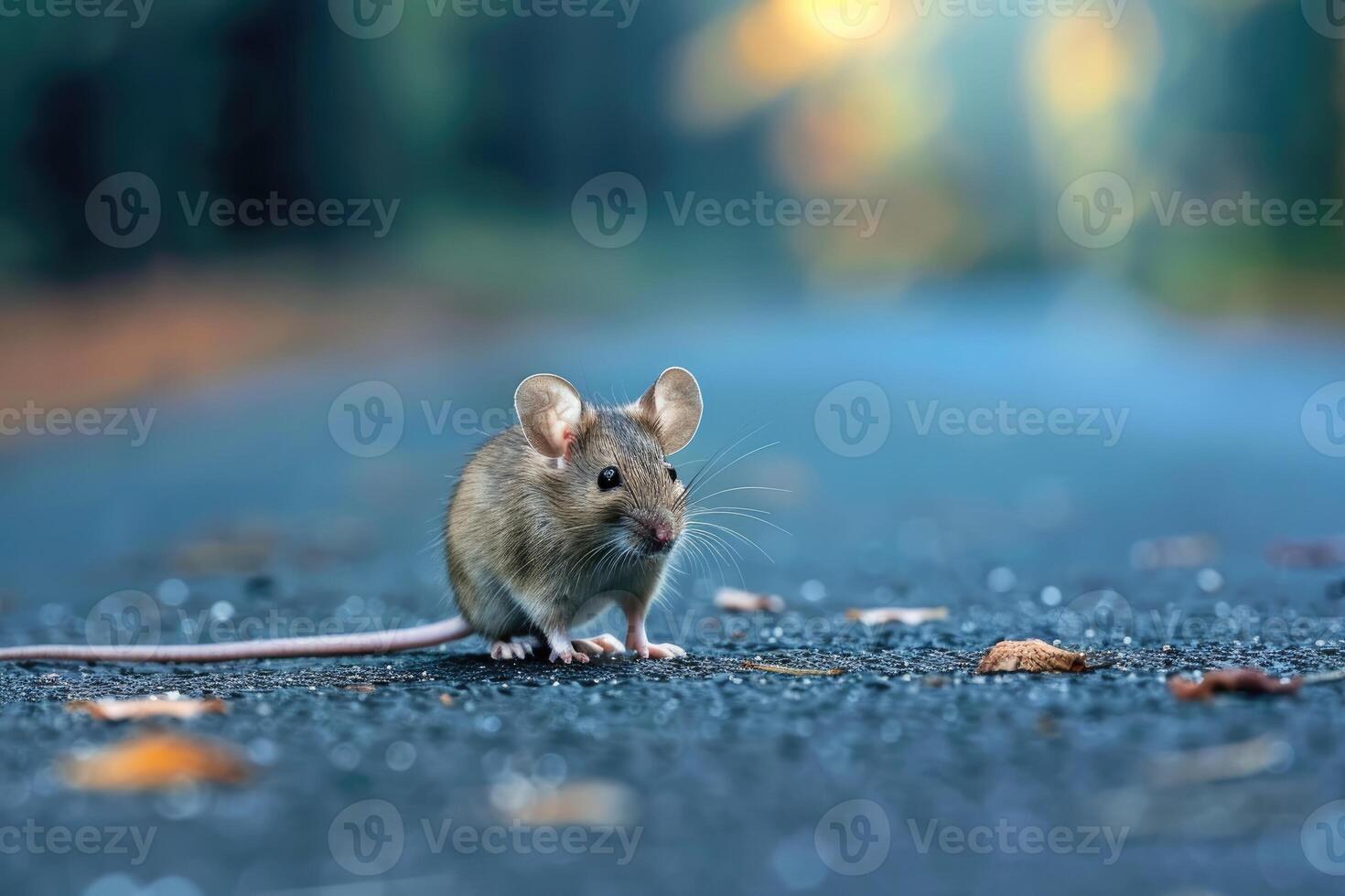 AI generated Mouse standing on the road near forest at early morning or evening time. Road hazards, wildlife and transport. photo