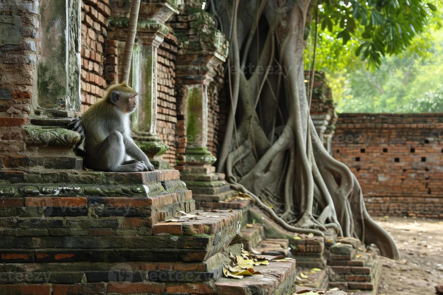 ai generado mono relajante en escalera con un árbol detrás él, en el estilo de budista Arte y arquitectura. foto