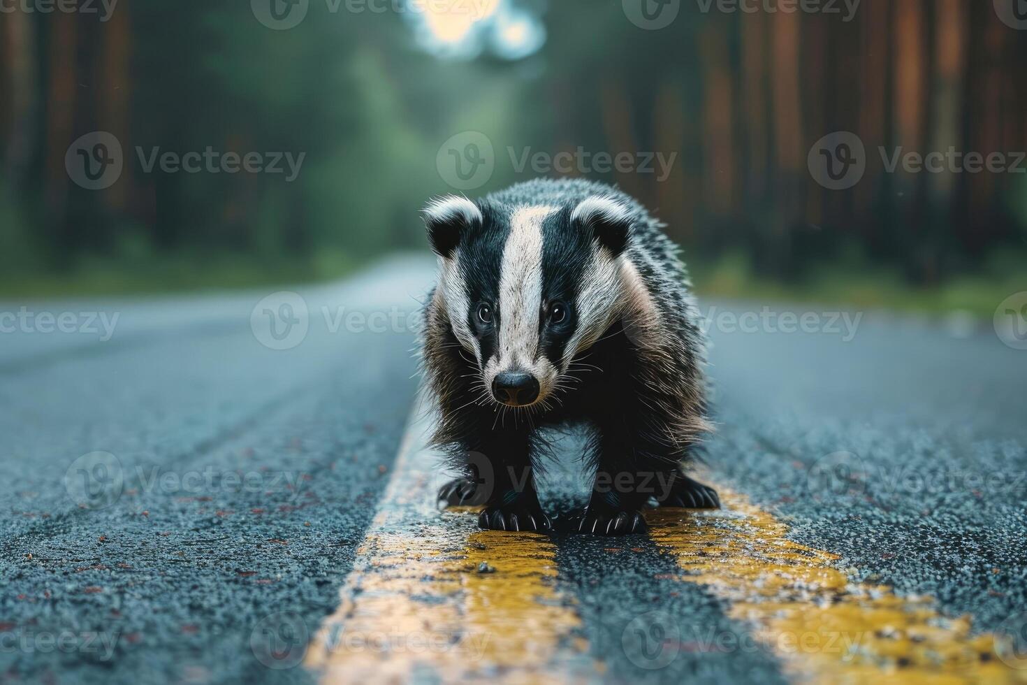 AI generated Badger standing on the road near forest at early morning or evening time. Road hazards, wildlife and transport. photo