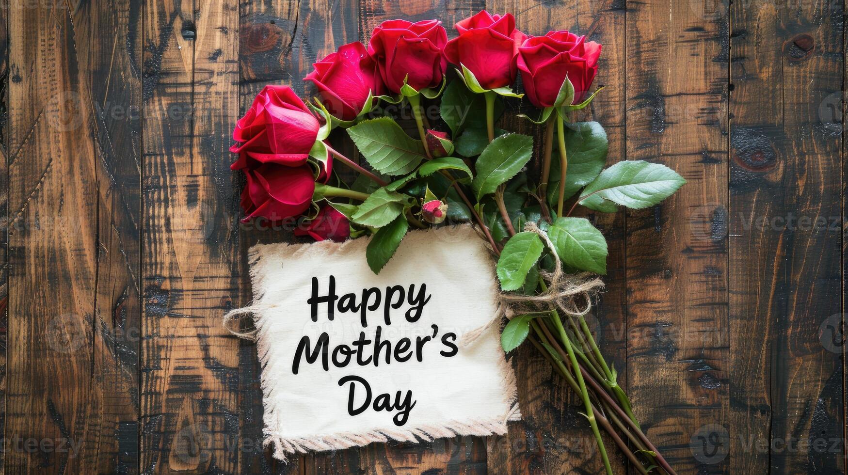 AI generated Happy Mother's day with red roses over rustic wood background photo