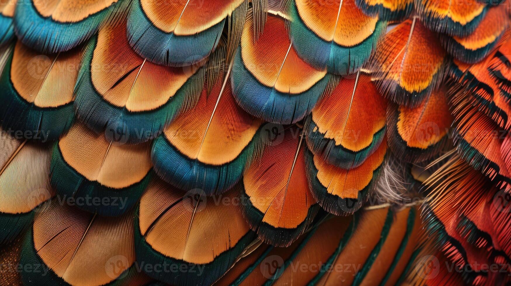 AI generated Closeup abstract background image of colorful ring-necked pheasant feathers. photo