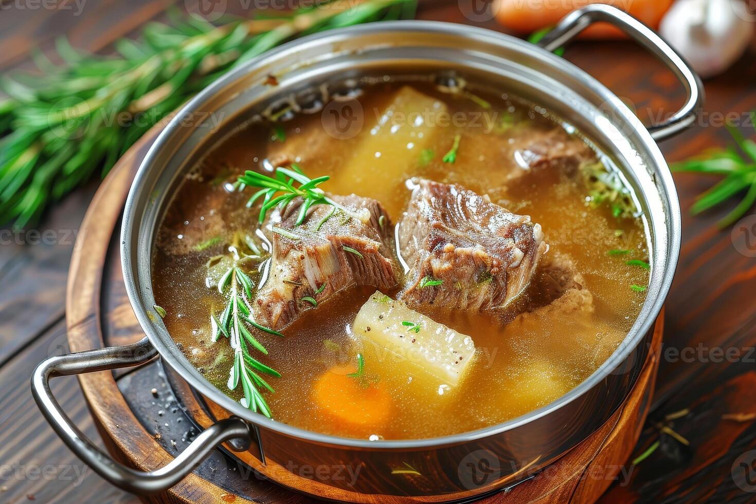 AI generated Traditional beef broth with vegetable, bones and ingredients in pot photo