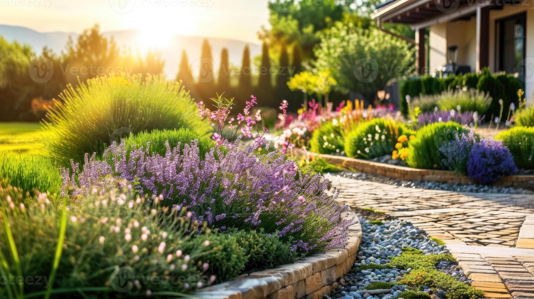 ai generado frente patio trasero, paisaje diseño con multicolor arbustos intersectando con brillante verde céspedes detrás el casa es un moderno foto