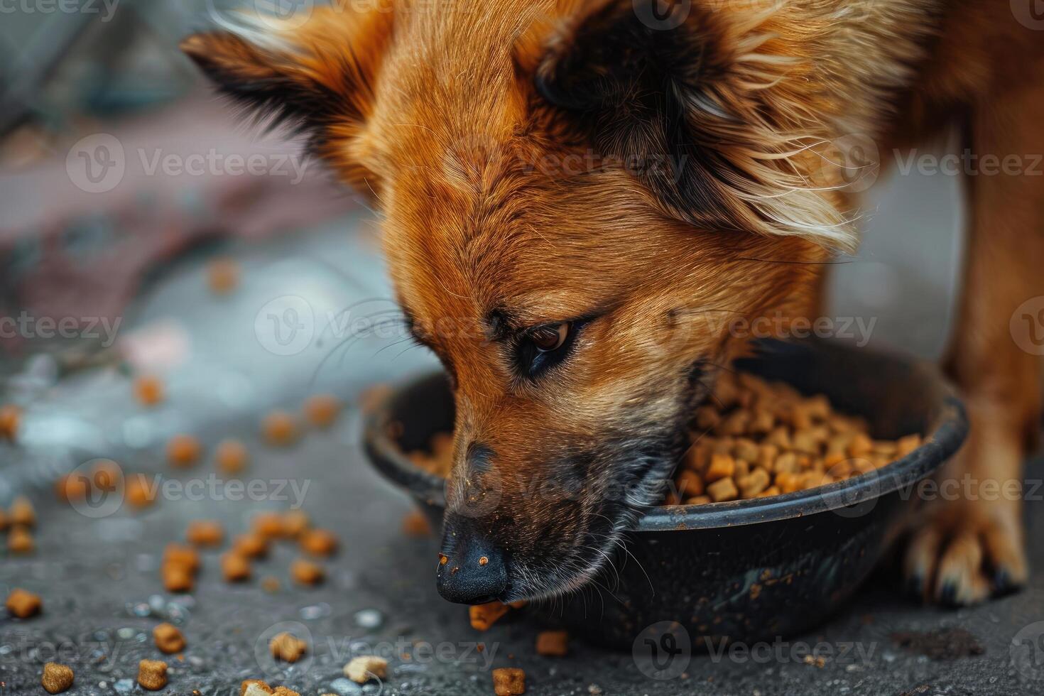 AI generated View of dog eating food from a bowl. photo