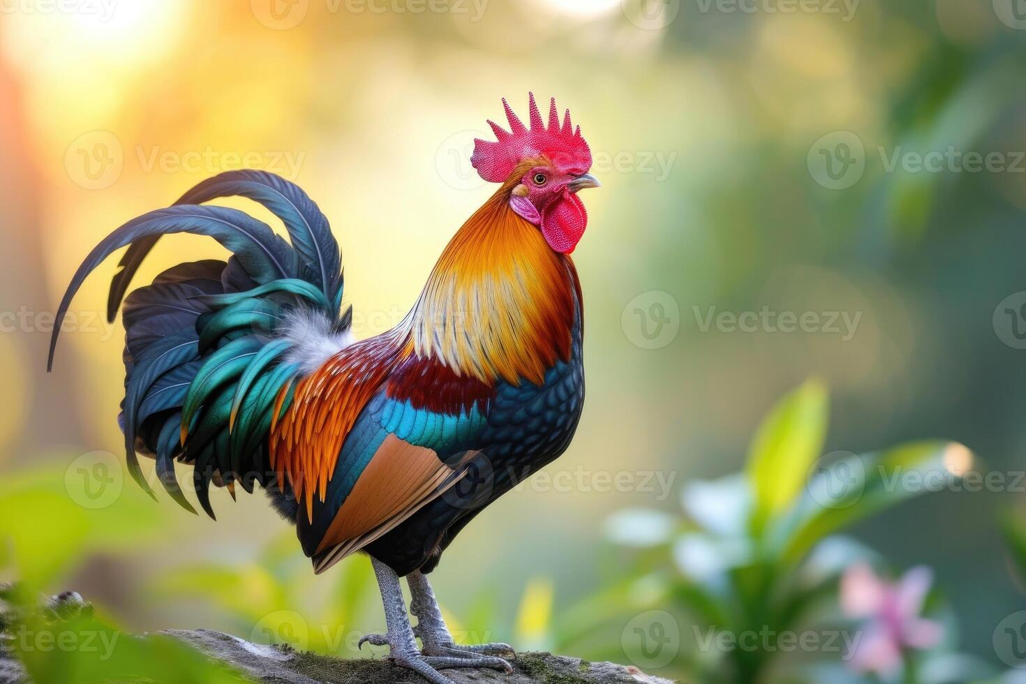 AI generated Beautiful rooster on nature background. photo