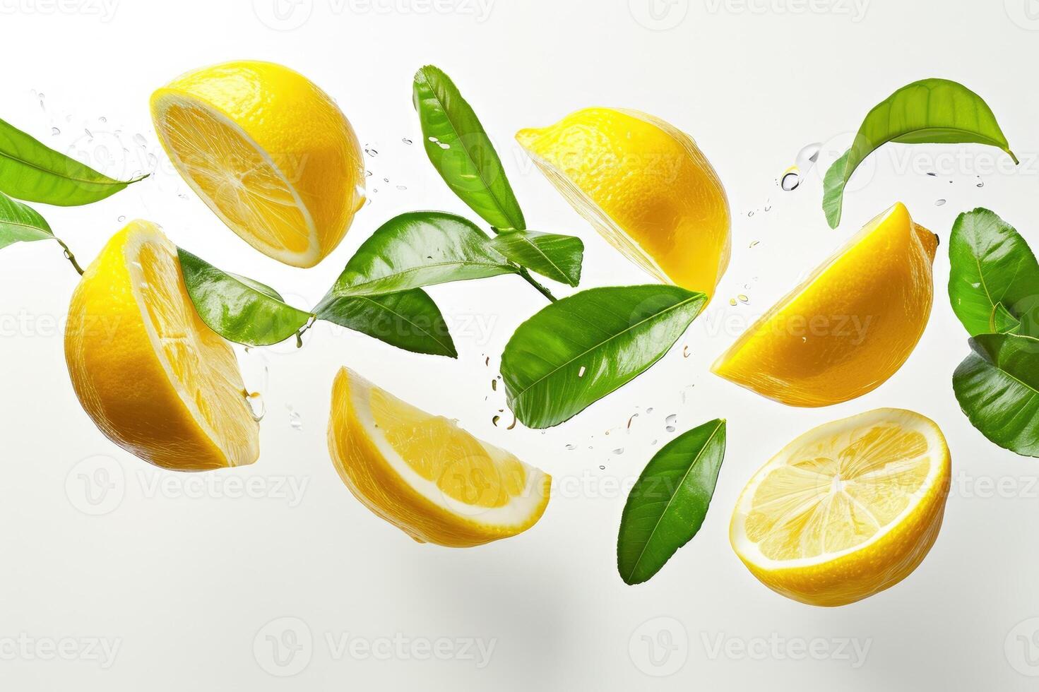 AI generated Yellow lemons with green leaves on white background. Tropical organic fruit with vitamin C. photo