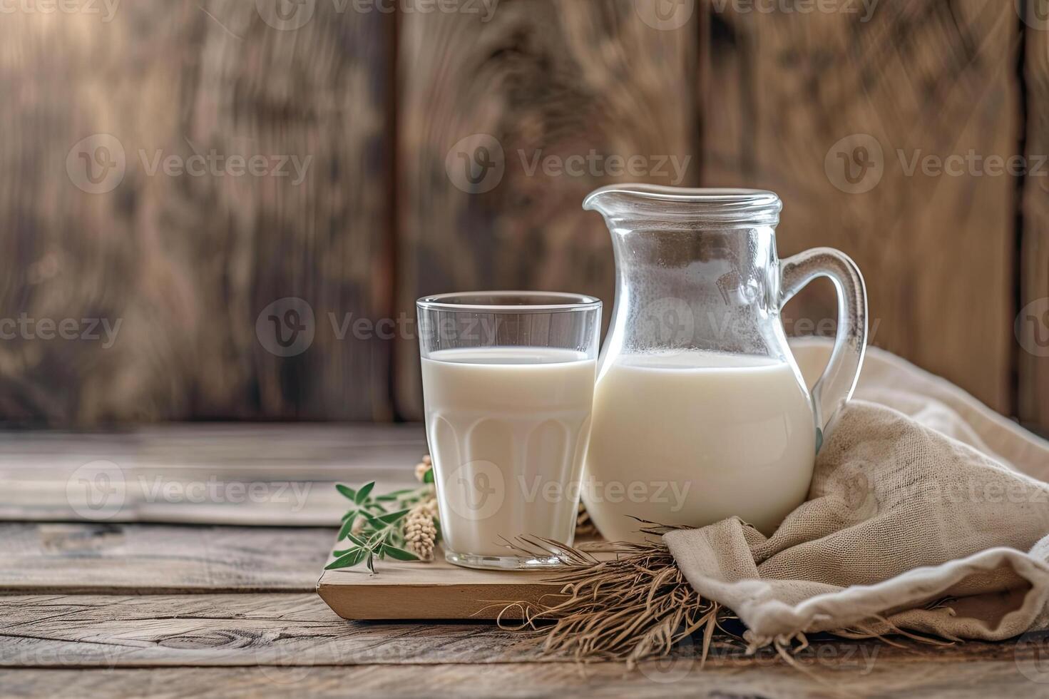 AI generated A jug of milk and glass of milk on a wooden table. photo