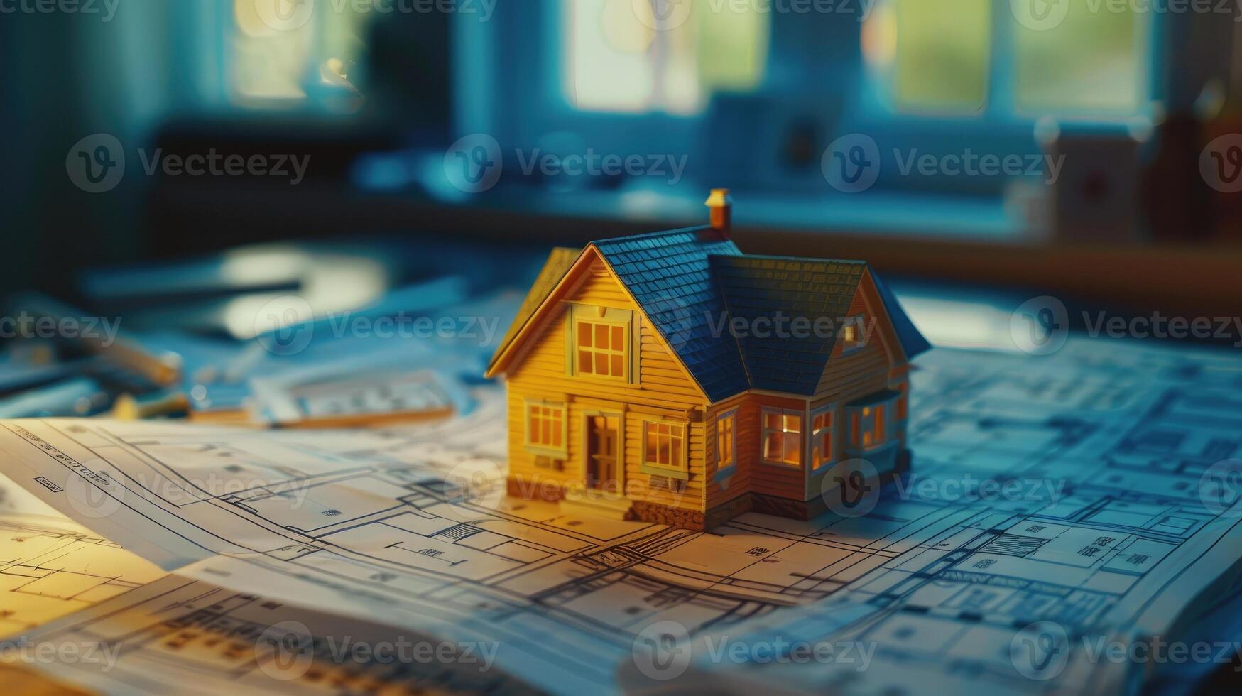 AI generated Concept with miniature home atop blueprints. photo