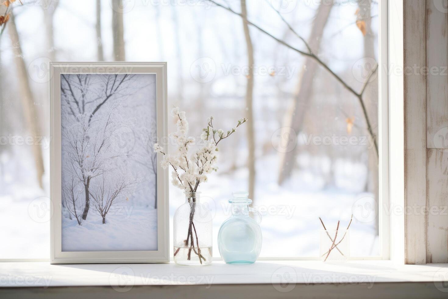 AI generated A delicate vase adorns a tall white window, resting on a white wooden table. photo