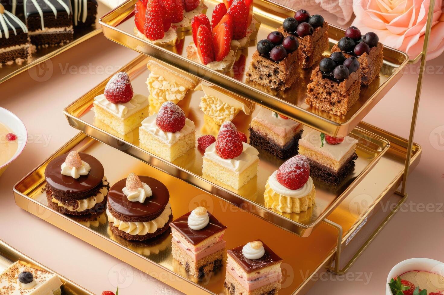 AI generated Gold three-tier tray filled with assorted and different cakes and pastries photo