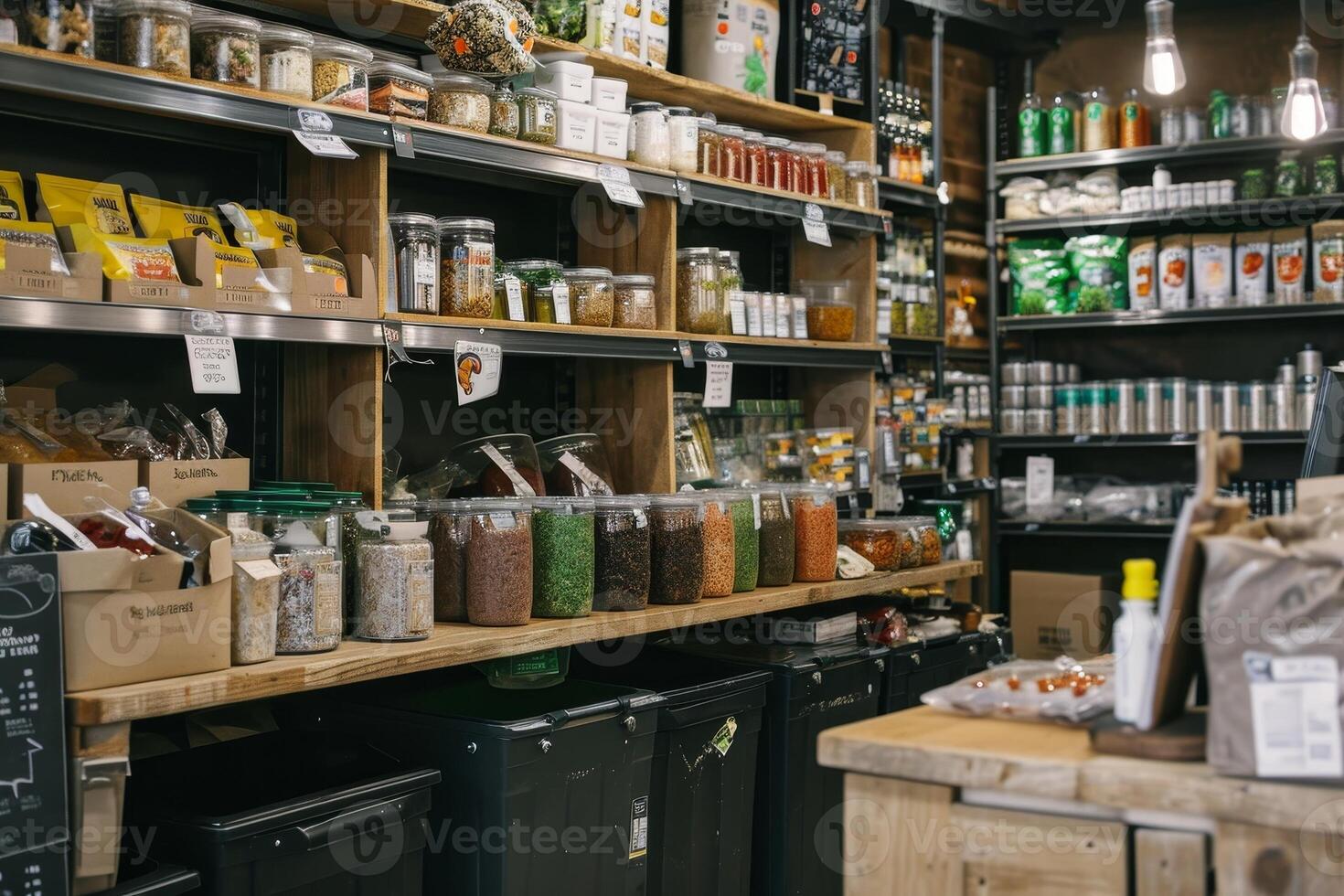 AI generated Zero waste shop interior details. Wooden shelves with different food. photo