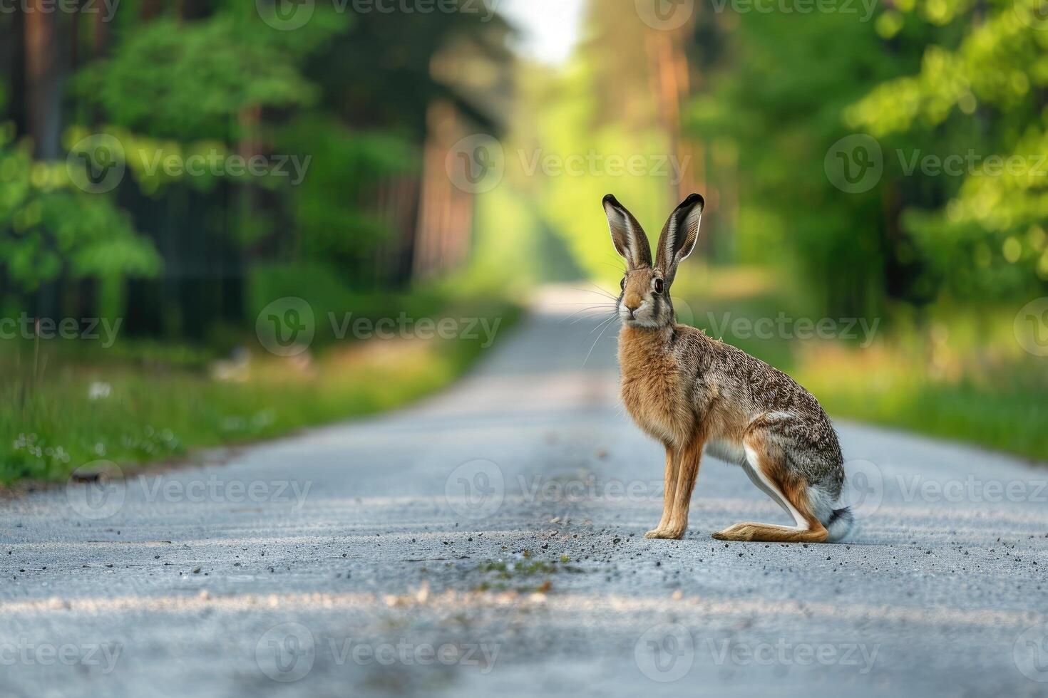 AI generated Hare standing on the road near forest at early morning or evening time. Road hazards, wildlife and transport. photo