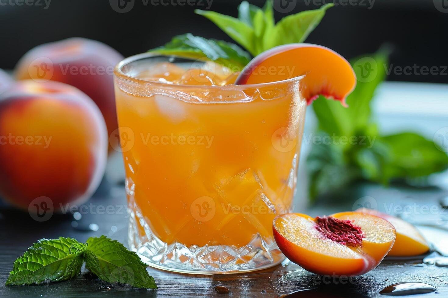 AI generated Close up of a drink in a glass on a table with peaches and mint and a few pieces of fruit on the table. photo
