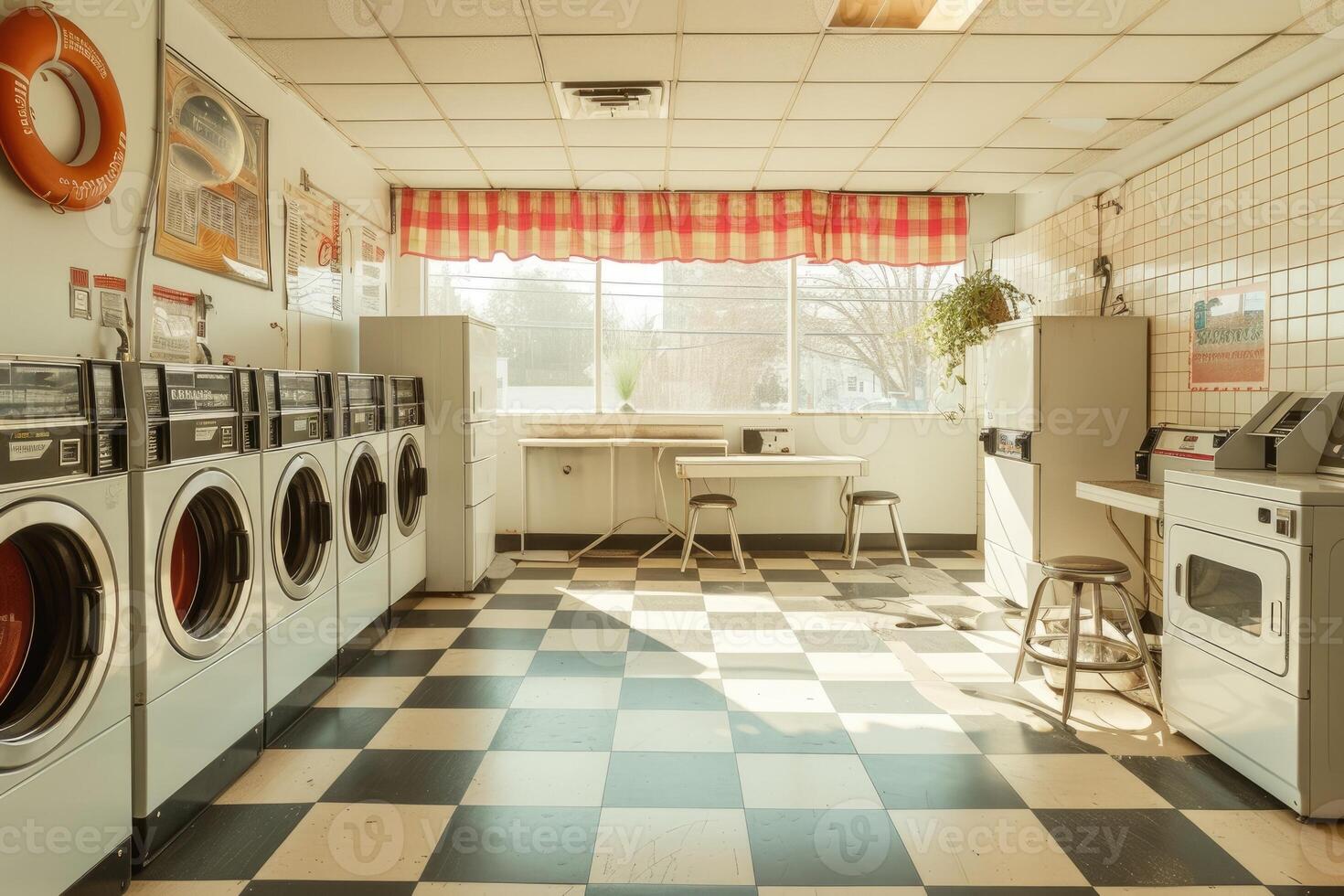 AI generated View inside a laundromat room with vintage decor and washing machines. photo