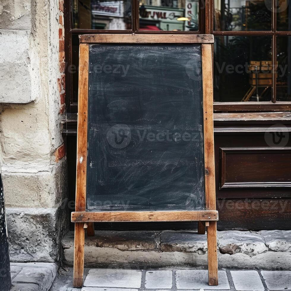 AI generated Empty sandwich board for a menu and a chalk drawing. photo