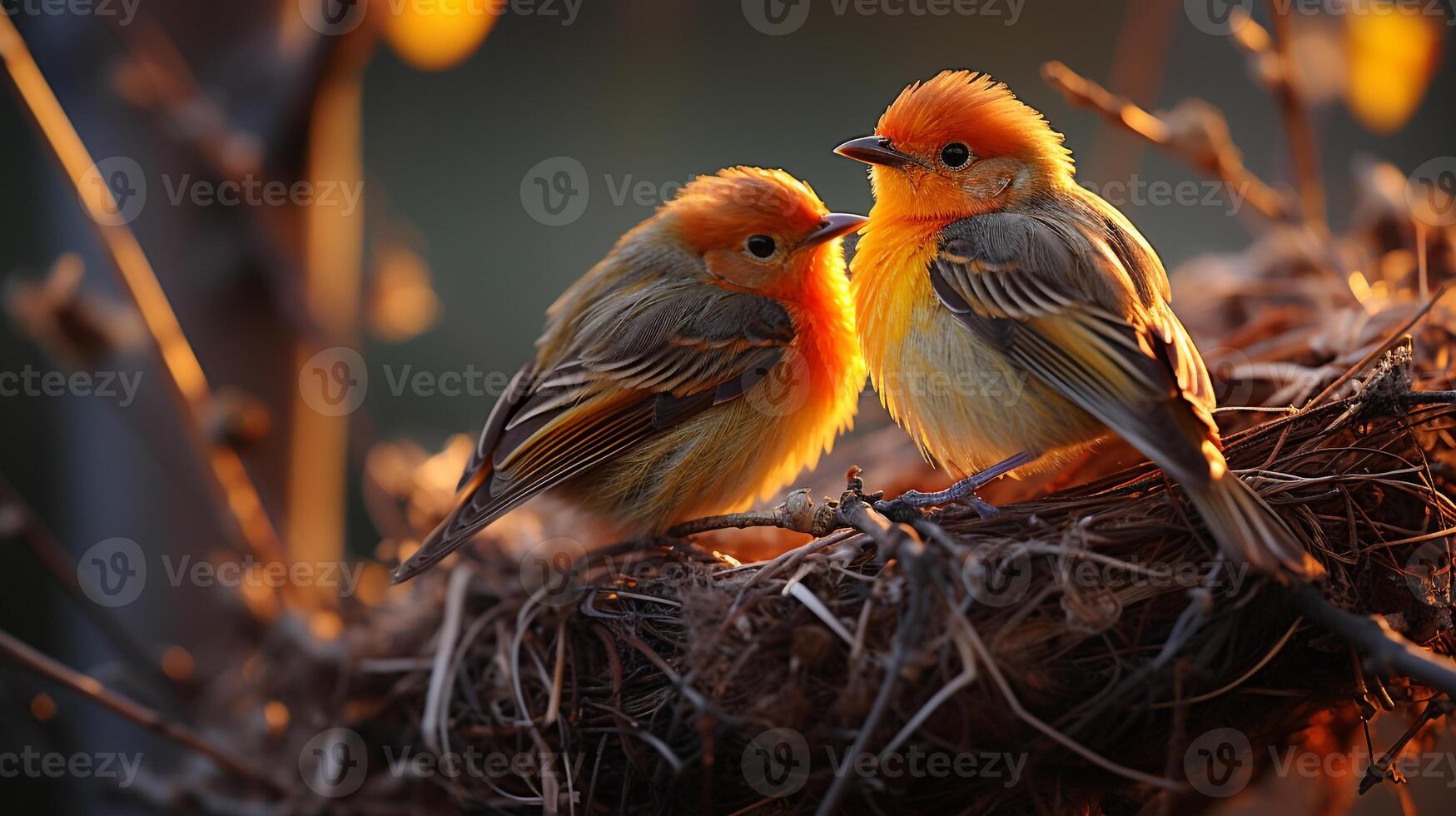 AI generated birds feed their young in the nest photo