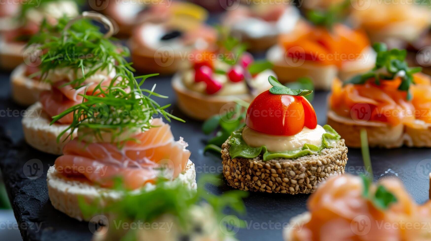 AI generated Buffet assortment of canapes. Delicious appetizers, catering food photo