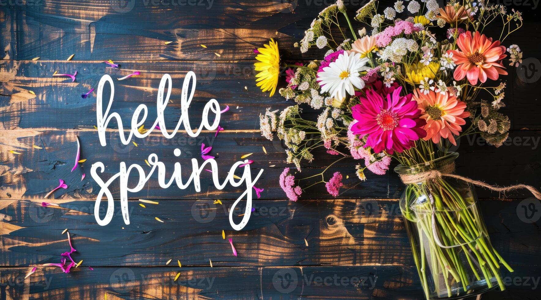 AI generated Our 'Hello Spring' inscription set against a backdrop of vibrant flowers captures the essence of the season. photo