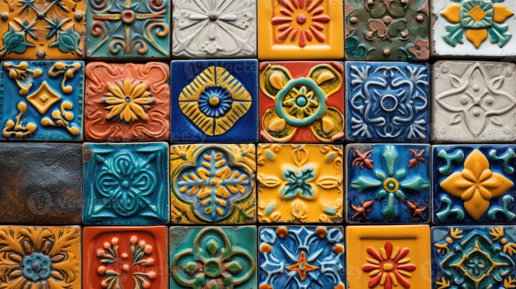 AI generated Beautiful colourful handmade ceramic tile with various ornament. photo