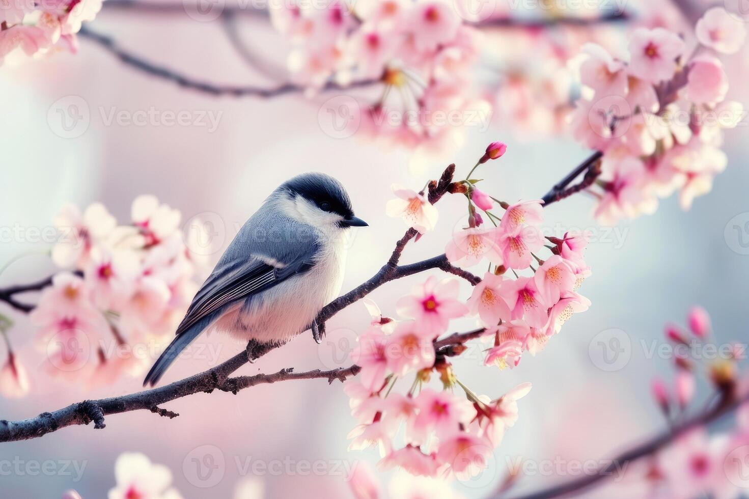 AI generated Little bird sitting on branch of blossom cherry tree. Spring time. photo