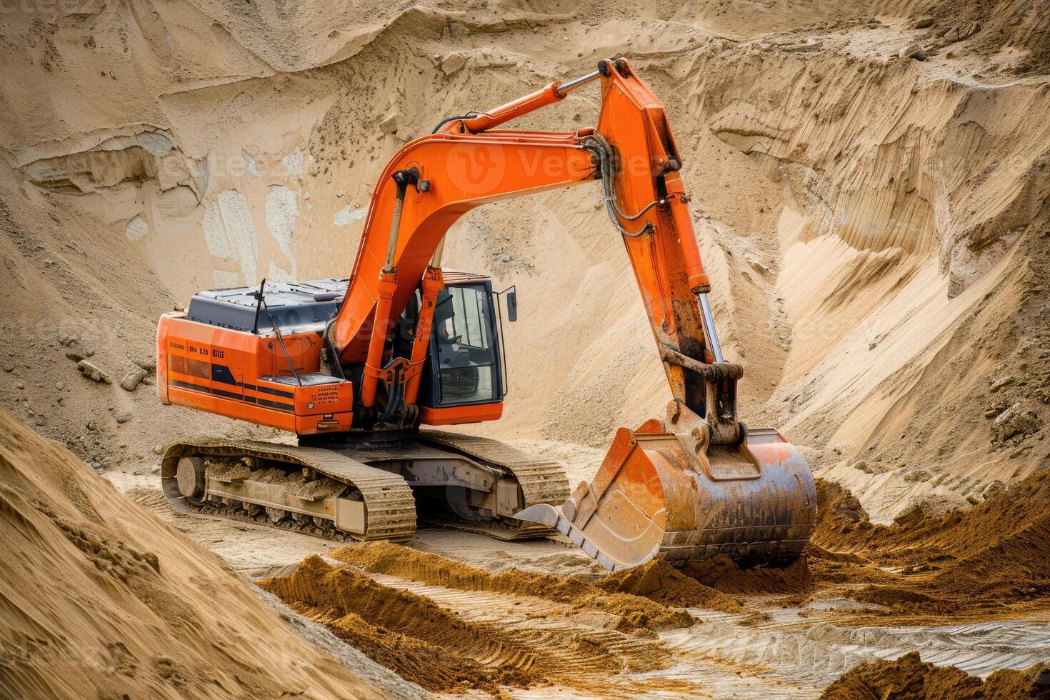 AI generated An excavator in the sand at a construction site. photo