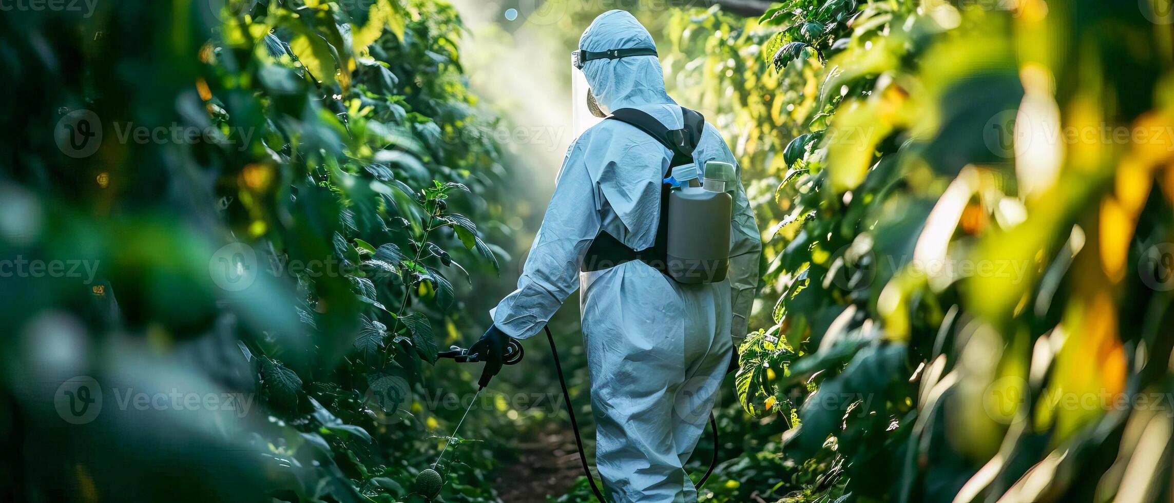 AI generated Gardener in a hazmat suit attends to plants at dusk photo
