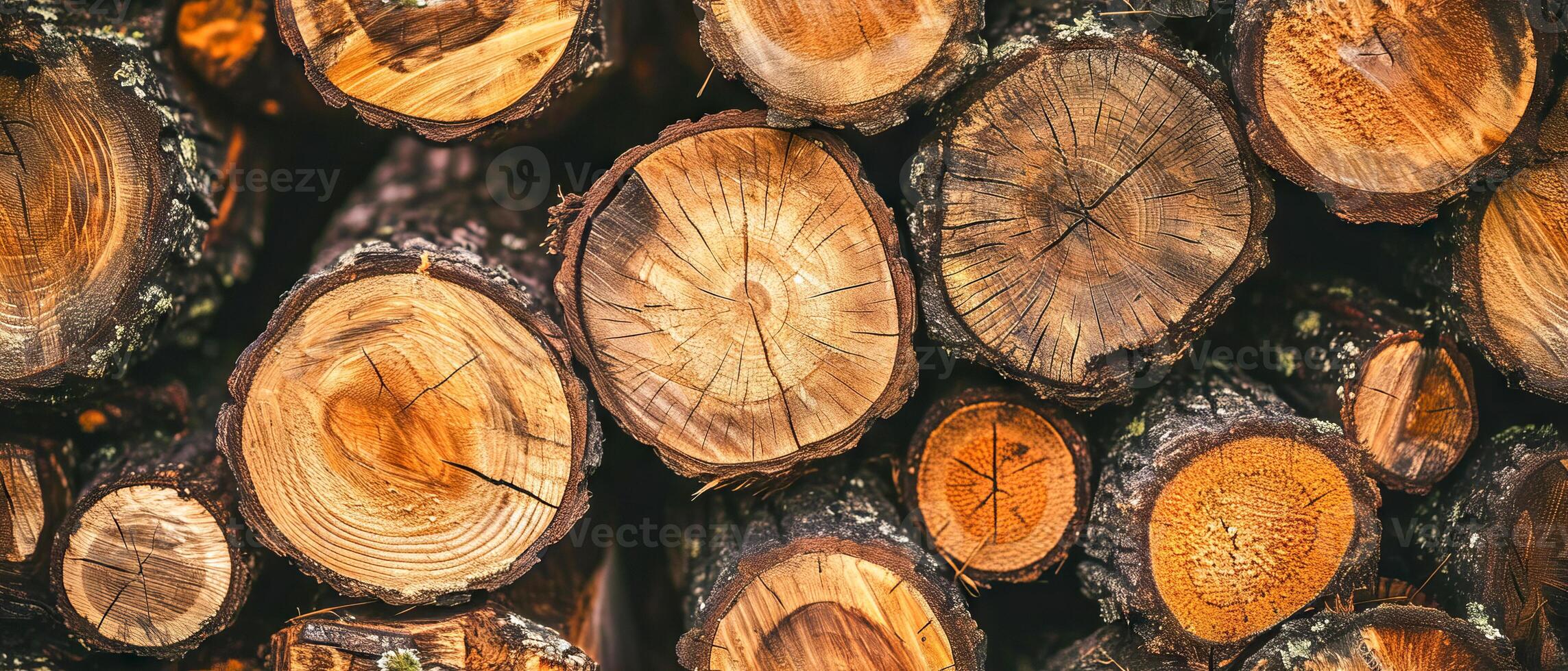 ai generado de cerca ver de apilado madera registros, destacando el intrincado patrones de árbol anillos y texturas foto