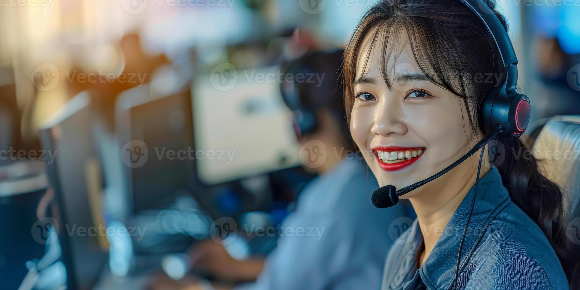 AI generated An asian woman with a headset on her head is smiling directly at the camera. She appears to be engaged in a conversation or customer service interaction. photo