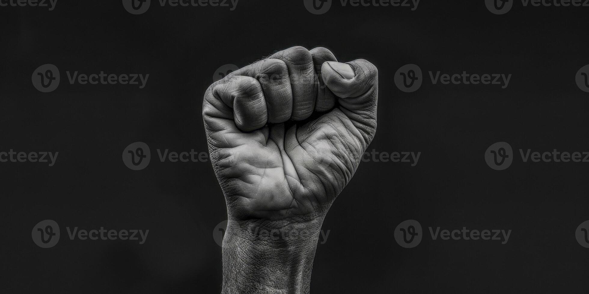 AI generated This black and white photo showcases a powerful fist raised in the air, symbolizing strength and determination. The contrast adds to the impact of the image