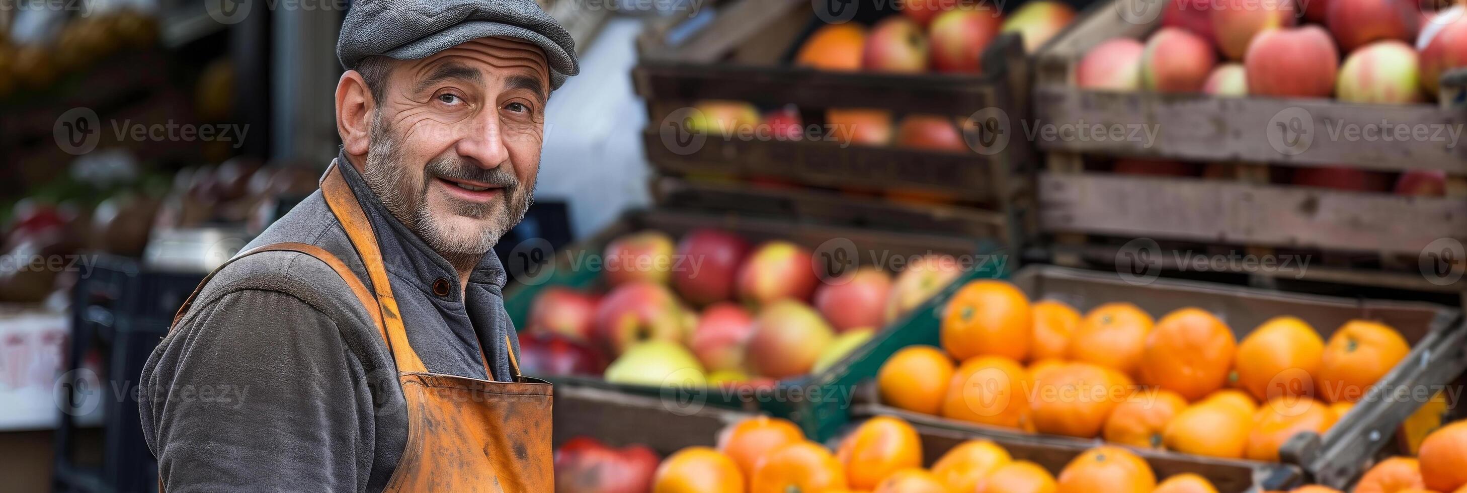 AI generated Elderly Fruit Vendor at His Market Stall photo