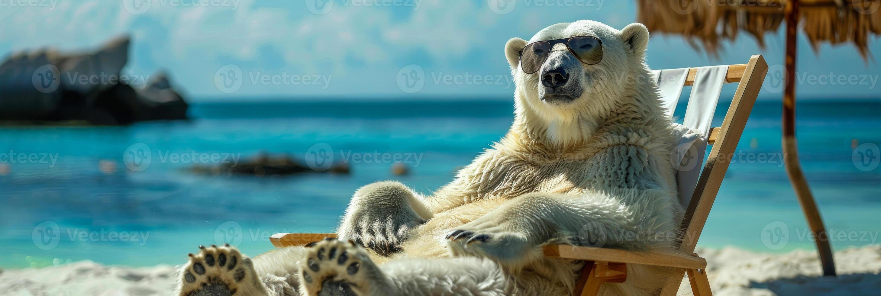 AI generated A polar bear is seen sitting in a chair on a sandy beach. The bear appears relaxed and comfortable in the unusual setting photo