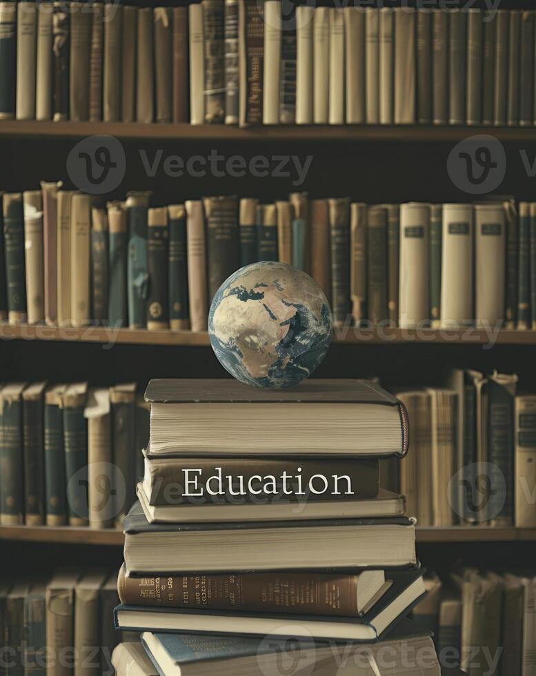 AI generated Books with the word Education on top features an earth globe. photo