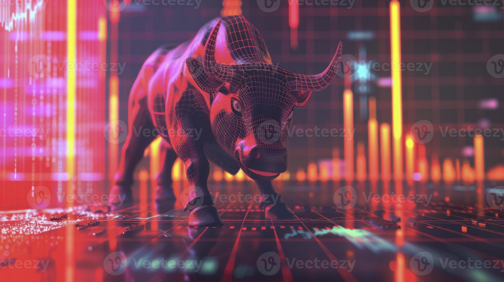 AI generated 3D Concept Render of a Stock Market Bull Design with Stock Chart in the Background photo