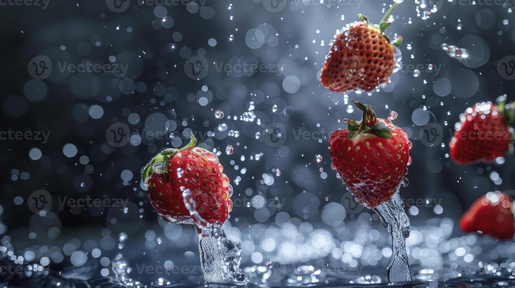 AI generated Strawberries and water in the air on a black background, photo