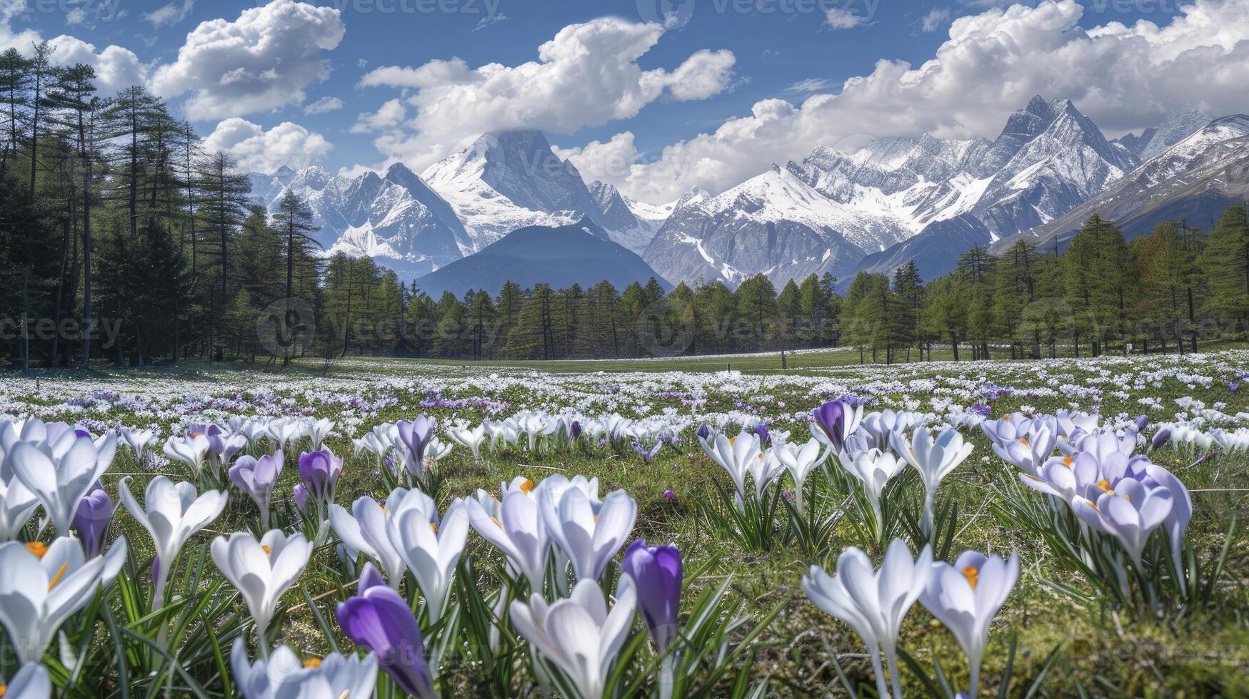 AI generated There is an endless sea of white crocuses blooming on green grassland in front of snowcapped mountains photo