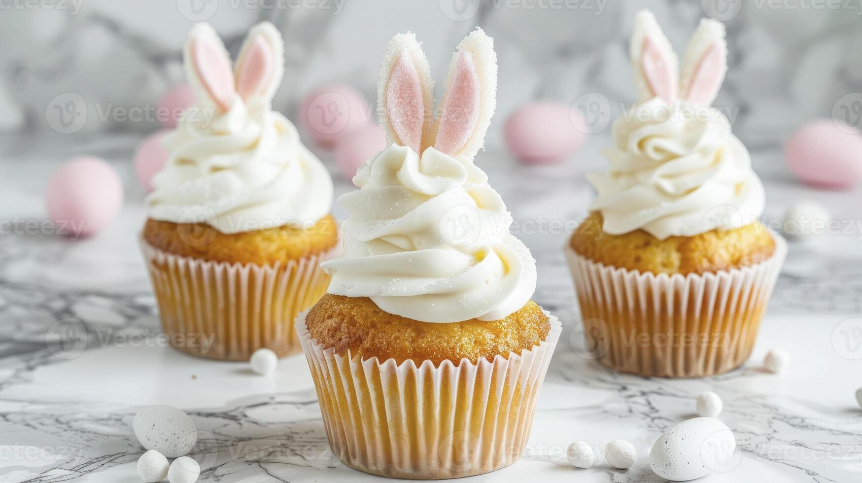 ai generado Pascua de Resurrección conejito magdalenas concepto decorado con blanco Crema y ligero rosado orejas. foto