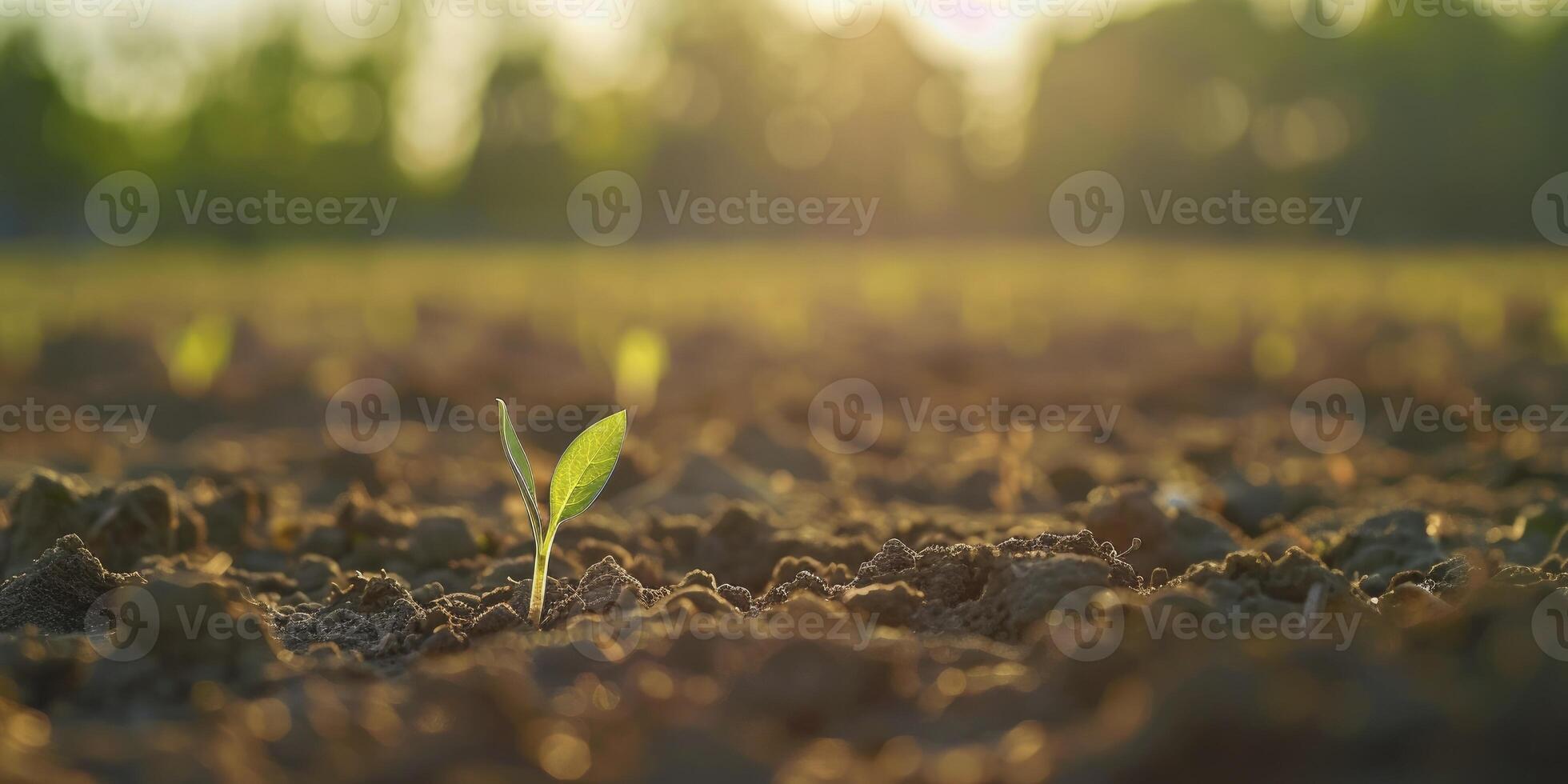 AI generated Emerging Life, Morning Light Illuminates Small Sprouts Rising in an Agricultural Field, with the Rest of the Landscape Softly Blurred in the Background photo