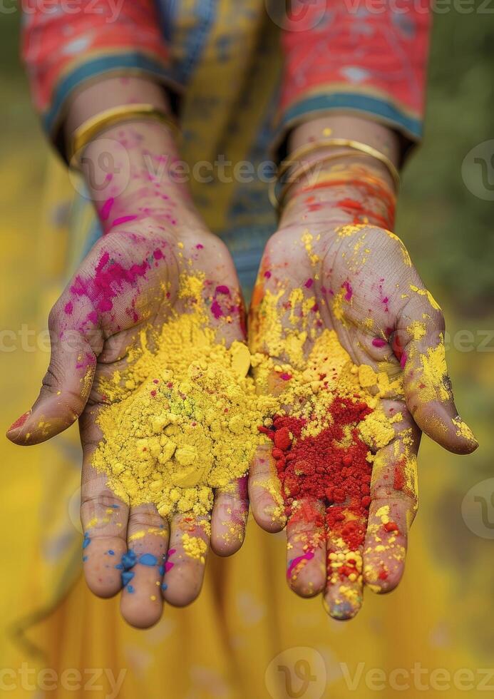 ai generado dos manos participación amarillo polvo durante el holi festival foto