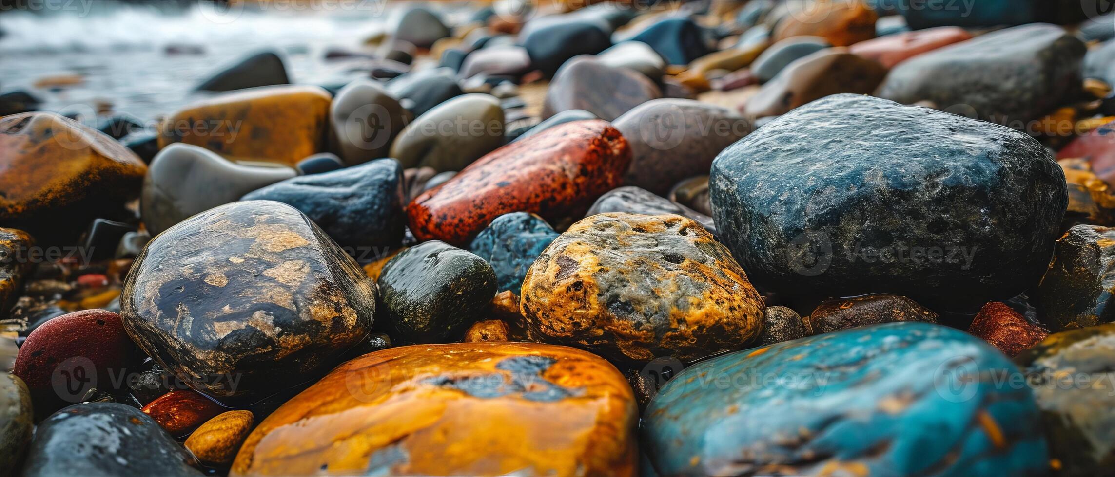 AI generated Colorful Wet Pebbles and Rocks Close-up. A vibrant collection of wet pebbles and rocks in various colors and patterns, glistening with moisture photo