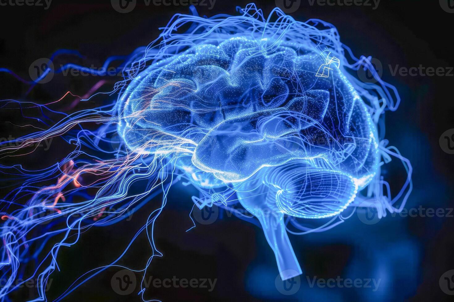 AI generated A vivid 3D illustration of a human brain surrounded by dynamic blue energy currents, symbolizing neural activity and cognitive processes photo