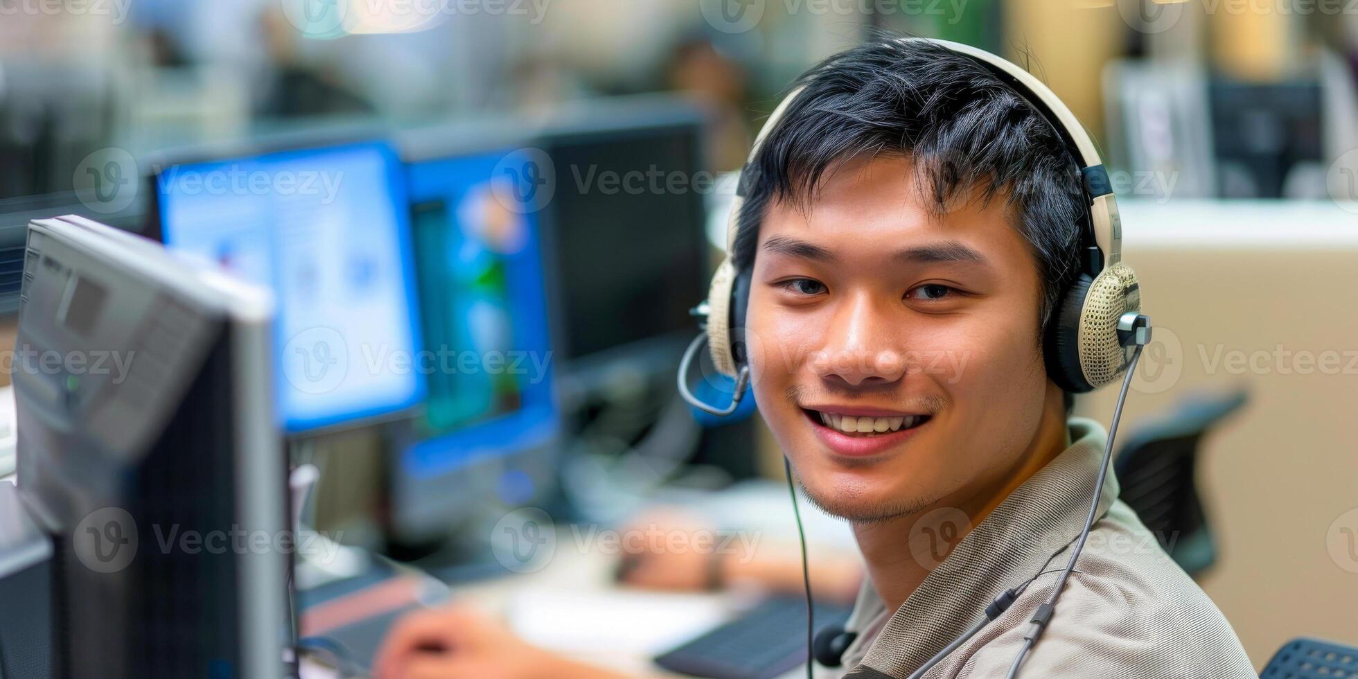 AI generated A asian man is seated in front of a computer, wearing headphones. He appears focused and engaged in an activity. photo