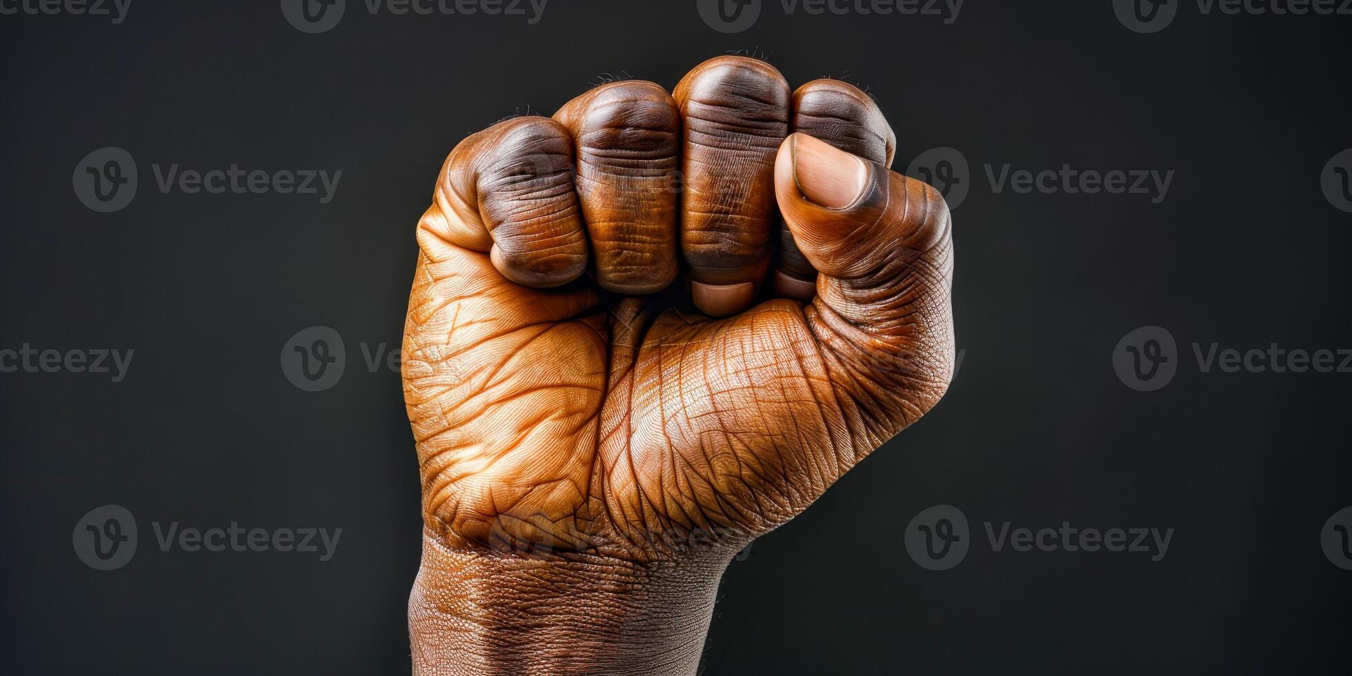 AI generated A photo showcasing a mans clenched fist against a stark black background. The image emphasizes power, resilience, and determination