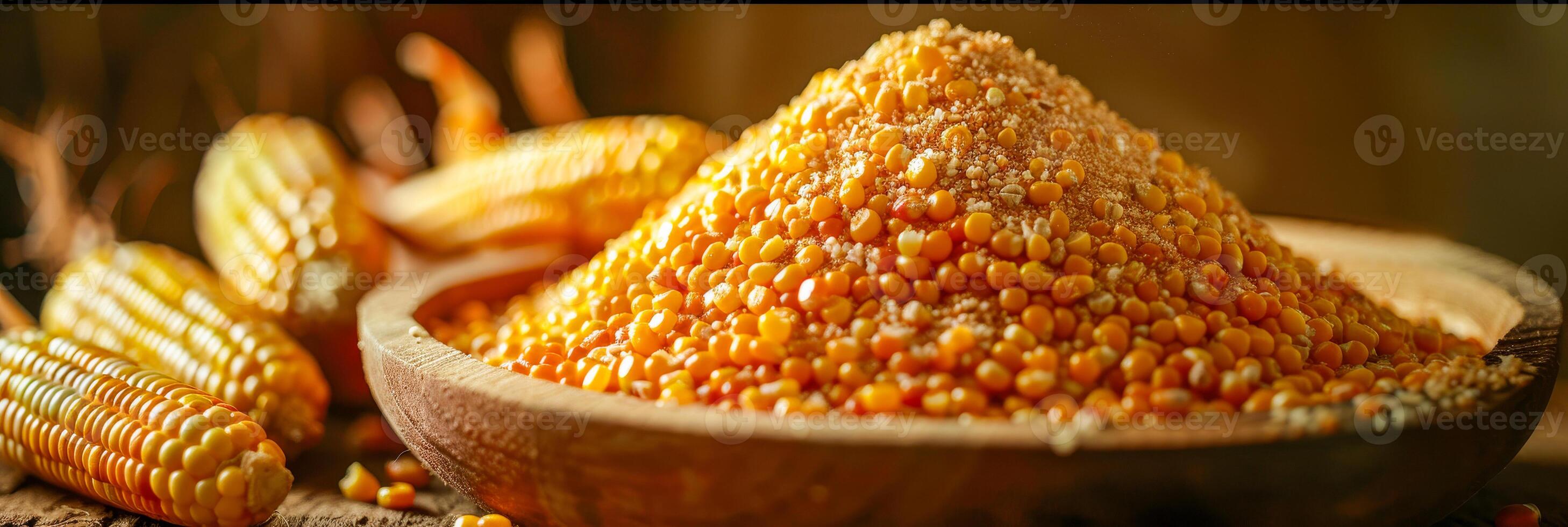 AI generated A wooden bowl sits on top of a table, filled with golden corn. Some ears still have husks partially attached, showcasing a rustic and wholesome image of farm-fresh produce photo