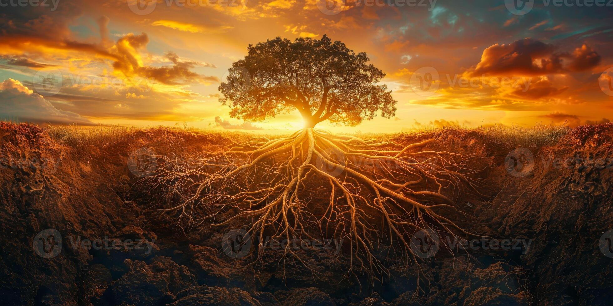 AI generated The image captures a tree with its roots firmly grounded in the soil, showcasing the depth and strength of its foundation. photo