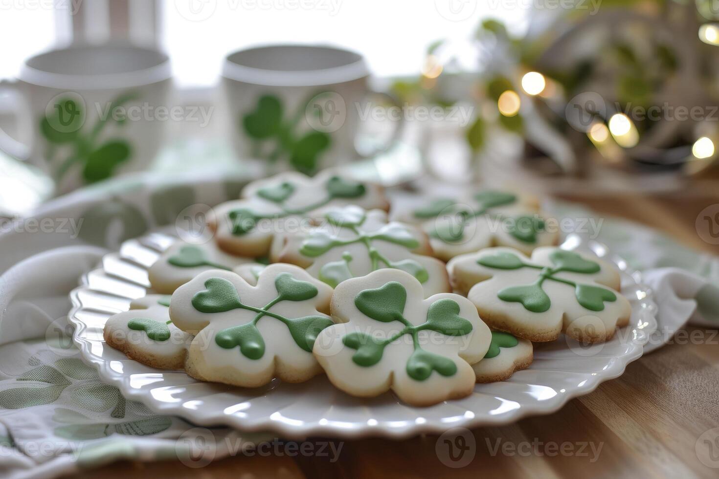 AI generated St Patrick's Day themed cookies with shamrock designs, on a table setting for a St Patrick's day party. photo