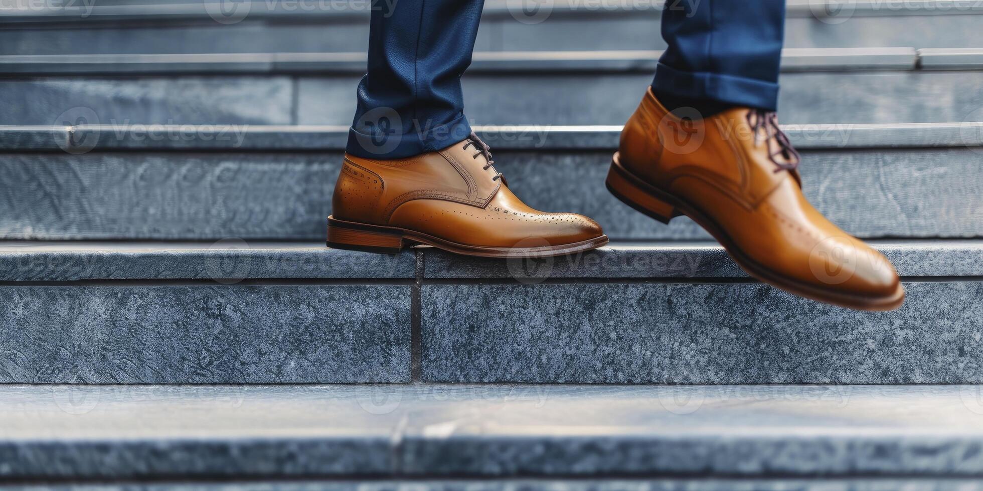 AI generated Close-Up Side View of a Business Person's Legs and Shoes Walking Up a Flight of Steps photo