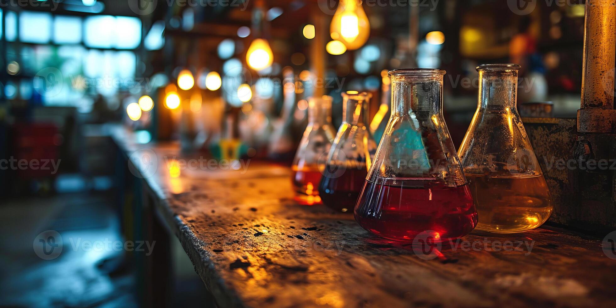 AI generated An array of Erlenmeyer flasks filled with colorful chemical solutions on a rustic laboratory bench photo